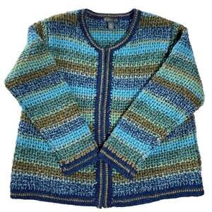 Northern Isles 100% Wool Zip Cardigan Sweater Blue Green Stripe Size L
